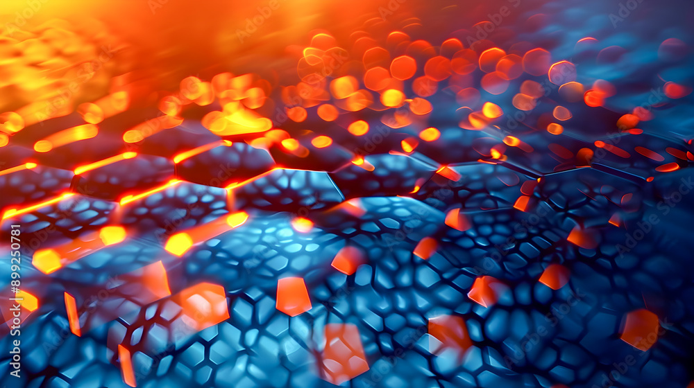 Poster glowing hexagonal grid vibrant abstract digital artwork with depth and movement illuminated by soft 