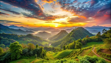 Mountain valley landscape filled with lush greenery at sunrise with a vibrant sunset in the background , mountain, valley
