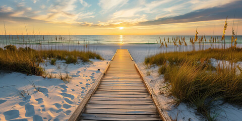 Sonnenuntergang an der Nordsee mit langem Steg und Blick auf das Meer. Weisser Sandstrand