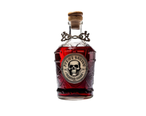 Vintage glass bottle with dark red liquid, featuring a skull label and a cork stopper. Perfect for Halloween or pirate-themed projects.