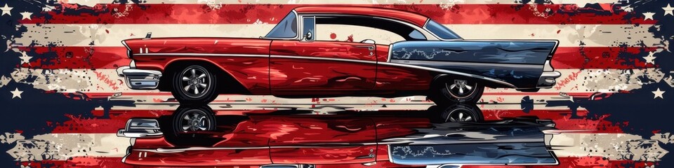 Classic red and blue car with American flag background, reflecting on polished surface, symbolizing vintage Americana and patriotic pride