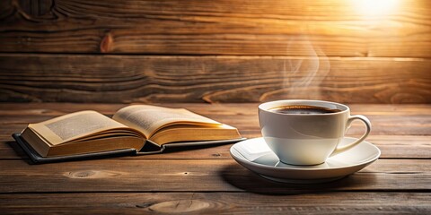 rendering of a coffee cup with a book next to it on a wooden table, coffee, cup, book,rendering, tabletop, wooden