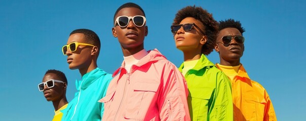 Group of young people in colorful clothing and sunglasses against a blue sky.