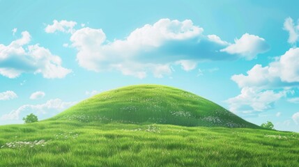 Rounded hill with barely visible grass, light blue sky with white clouds, in a cute, anime-style, 3D matte texture, bright and colorful cartoon clay style