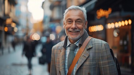 Urban Sophistication: A distinguished gentleman, radiating confidence and style, navigates a bustling city street with a warm and genuine smile. 