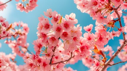 A photo of a blooming cherry blossom tree with bright pink flowers against a clear blue sky captured with a DSLR in the springtime 