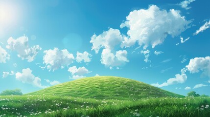 Rounded hill with barely visible grass, light blue sky, and white clouds, depicted in a cute anime style, 3D matte texture, bright and colorful