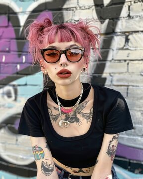 Portrait of a young woman with pink hair, sunglasses, and tattoos in front of a graffiti wall