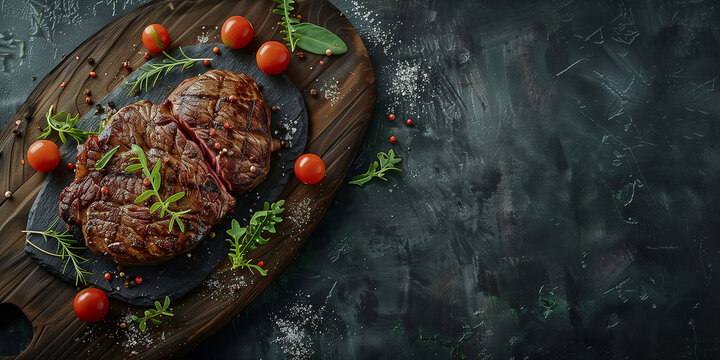 Leckeres Rumpsteak mit Beilagen und weiteren Zutaten. Sch&ouml;n serviert.