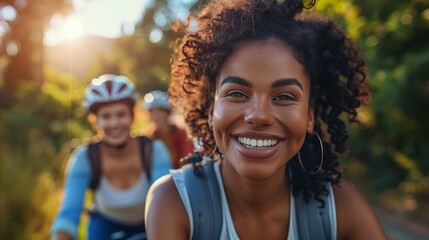 Friends taking a bike ride together smiling and laughing embodying their affectionate and harmonious relationship