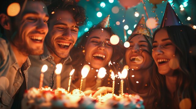 Friends celebrating a birthday party with decorations and joy reflecting their affectionate and harmonious relationships