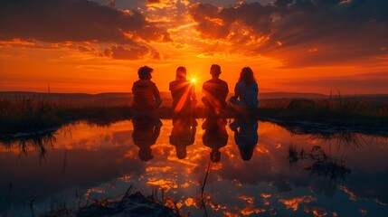 Friends enjoying a serene sunset together reflecting their harmonious and devoted friendship