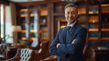 Fototapeta premium The Confident Counsel: A portrait of a seasoned lawyer exuding confidence and expertise in a classic law firm setting. 