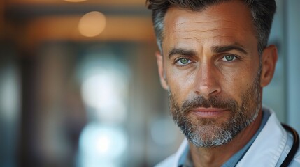 Obraz premium The Determined Doctor: A close-up portrait of a mature, serious doctor with piercing blue eyes, emanating an aura of expertise and compassion. 