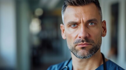 Obraz premium The Steadfast Gaze: A close-up portrait of a determined male doctor, his piercing blue eyes reflecting unwavering focus and dedication. 
