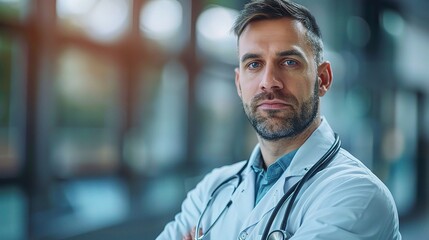 Obraz premium Stethoscope and Resolve: A portrait of a confident male doctor with a determined expression, arms crossed, and stethoscope draped around his neck, against a modern hospital backdrop. 
