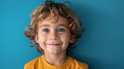 Little Boy's Joyful Smile: A close-up portrait of a cute little boy with curly blonde hair and bright blue eyes, beaming with happiness against a vibrant blue background. 