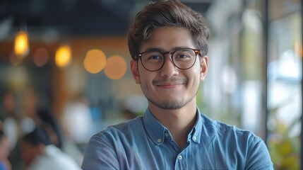 Obraz premium Confident and Approachable: A young man with glasses beams a genuine smile, exuding confidence and approachability. 