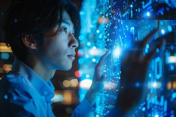 Interactive Futuristic AI Communication in Business: Engaging with Glowing Data Points