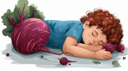 Fototapeta premium A cartoon child sleeping on a beetroot