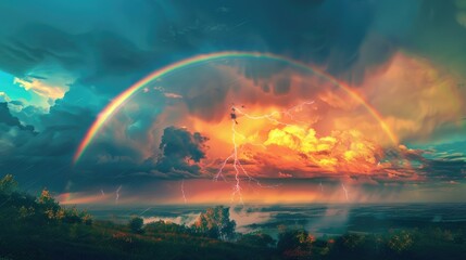 Obraz premium Stormy sky with a vivid rainbow, distant lightning bolts illuminating the horizon, picturesque landscape