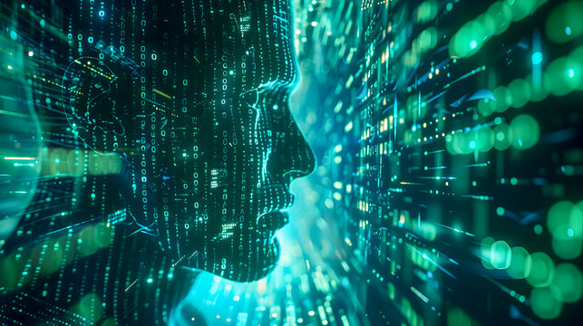 Abstract conceptual art piece depicting an obscured hacker figure surrounded by glowing digital data streams and binary code in a dark immersive cyber security themed environment