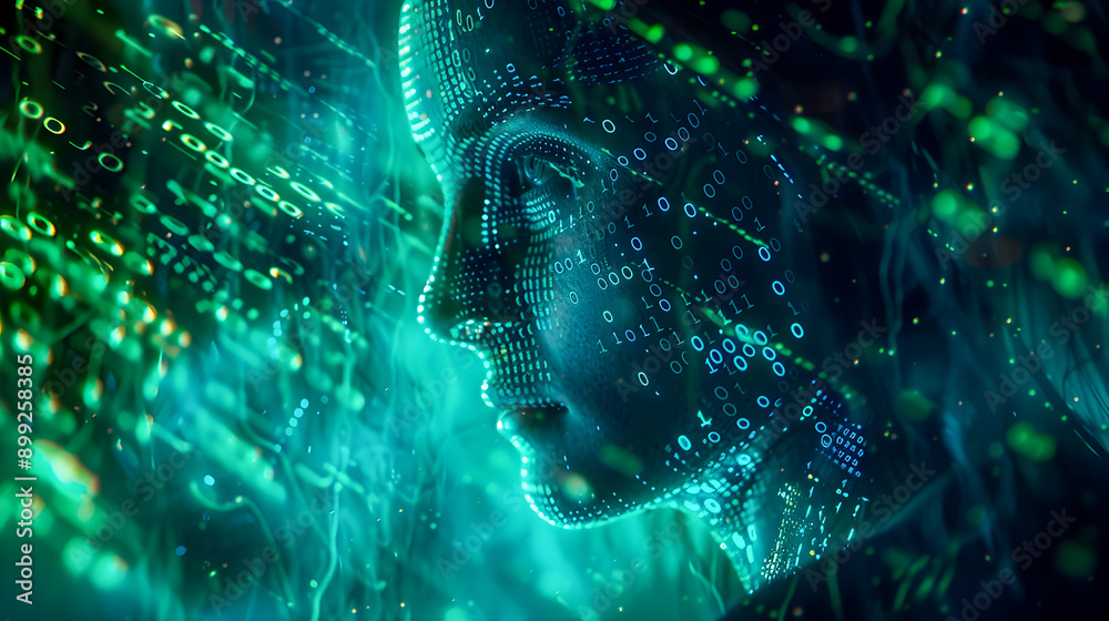 Poster an abstract conceptual art piece depicting a hacker immersed in a dark digital environment surrounde