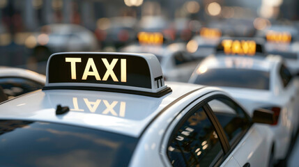 A close-up of the tops of several white taxi cabs, with black signs