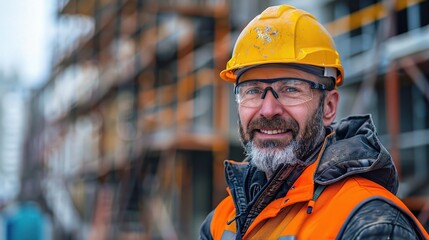 Confident Construction Worker: A portrait of a skilled construction worker with a confident smile, wearing a safety helmet and vest, on a busy construction site.
