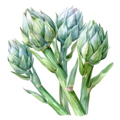 Obraz premium Cardoons, thick stalks, silvery green, watercolor style, isolated on white background
