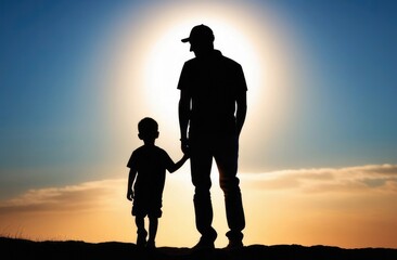 Fototapeta premium Happy family, father and son in the park silhouettes. Silhouette of people outdoors. Father holds his son's hand. father's day Dream of the freedom of the outdoors. Parent with little son.