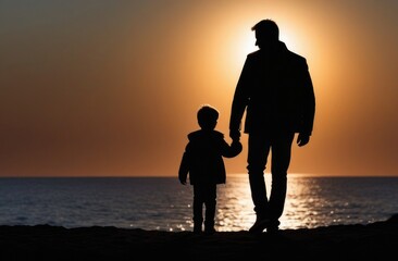 Fototapeta premium Happy family, father and son in the park silhouettes. Silhouette of people outdoors. Father holds his son's hand. father's day Dream of the freedom of the outdoors. Parent with little son.