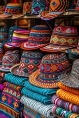 Variety of colorful handcrafted hats displayed in a vibrant market