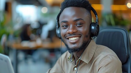 Fototapeta premium Customer Service with a Smile: A young, confident Black professional exudes enthusiasm and expertise in a bustling call center environment. 
