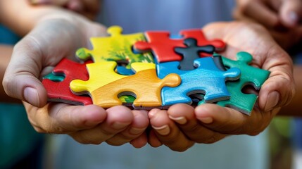 Teamwork in Business: Connecting Jigsaw Pieces of Success - Close-up of Human Hands Collaborating