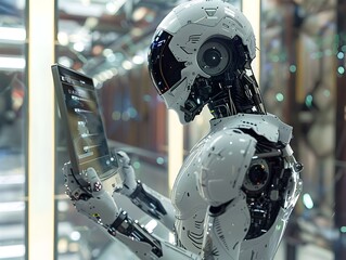 Fototapeta premium A futuristic humanoid robot with a metallic and chrome plated exterior closely examining and interacting with a high tech digital interface 