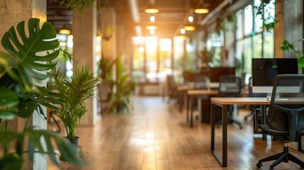 Modern Office Interior: Sunlight streams through expansive windows, illuminating a contemporary workspace with wood floors, sleek desks, and lush greenery
