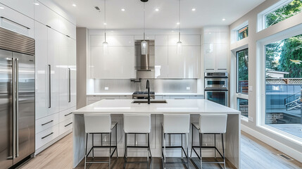 A sleek and modern kitchen featuring contemporary design elements. The kitchen is equipped with a large white island with bar stools, stainless steel appliances, and minimalist white cabinetry