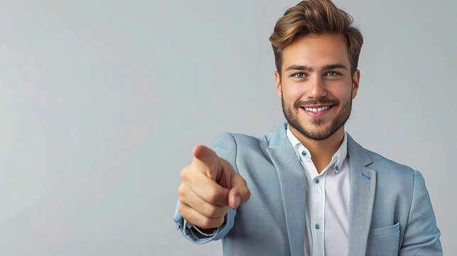 You Got This: Confident businessman in a blue suit points directly at the viewer, offering encouragement and a captivating call to action. 