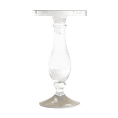 A tall, clear glass table with a white base