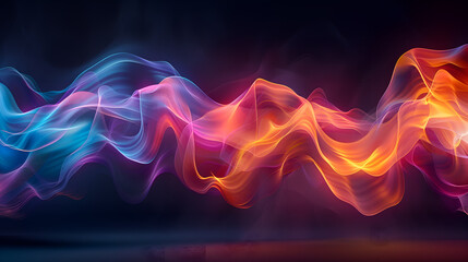 Abstract featuring a vibrant, fluid-like shape with glowing, multicolored gradients. The colors transition seamlessly from blues and purples to bright oranges and yellows