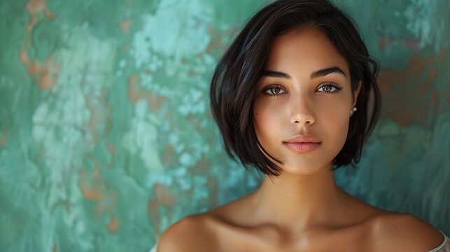 Serene Gaze, Timeless Beauty: A young woman with captivating eyes and a chic bob haircut exudes confidence against a textured green backdrop. 
