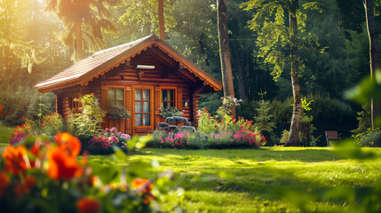 Rustic Garden House Made of Wood in Countryside Setting. The image showcases a charming wooden garden house nestled in a picturesque countryside landscape.