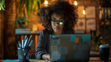 Determined African American Businesswoman Analyzing Data on Laptop in Dimly Lit Office