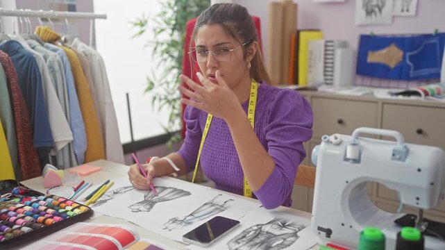 Disgusted young hispanic dressmaker at stinky atelier, sitting at table holding breath, nose pinched against intolerable smell