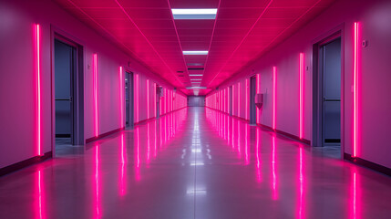 Long, neon-lit hallway bathed in vibrant pink light, creating a surreal and futuristic ambiance. Concept of modern architecture and artistic lighting design.