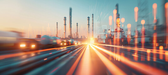 Fototapeta premium a city skyline with a bright orange and blue sky by AI generated image