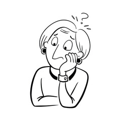 A middle-aged woman is confused and thinking doodle vector illustration