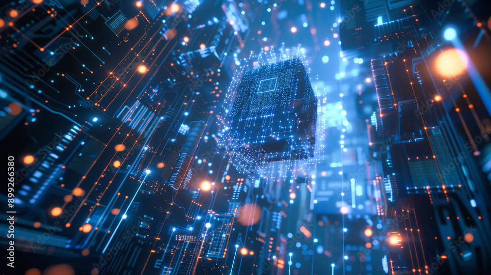 Poster close up of an advanced microchip with data flowing through it