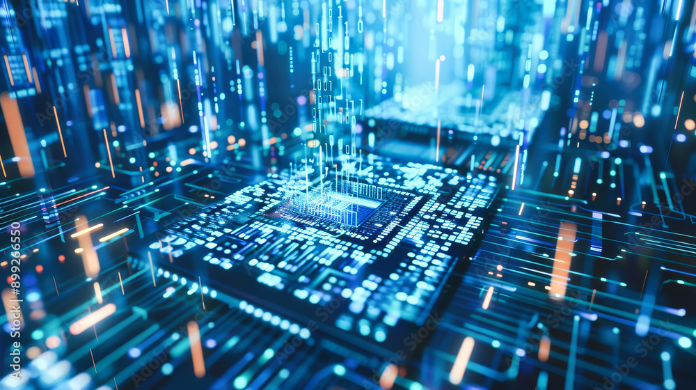 Poster close up of an advanced microchip with data flowing through it